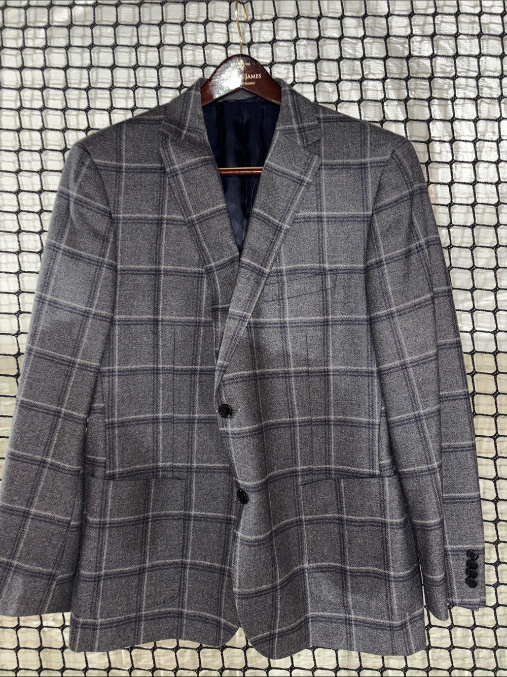Men's Gray Windowpane Sport Coat Blazer by Patrick James. 100% wool.
